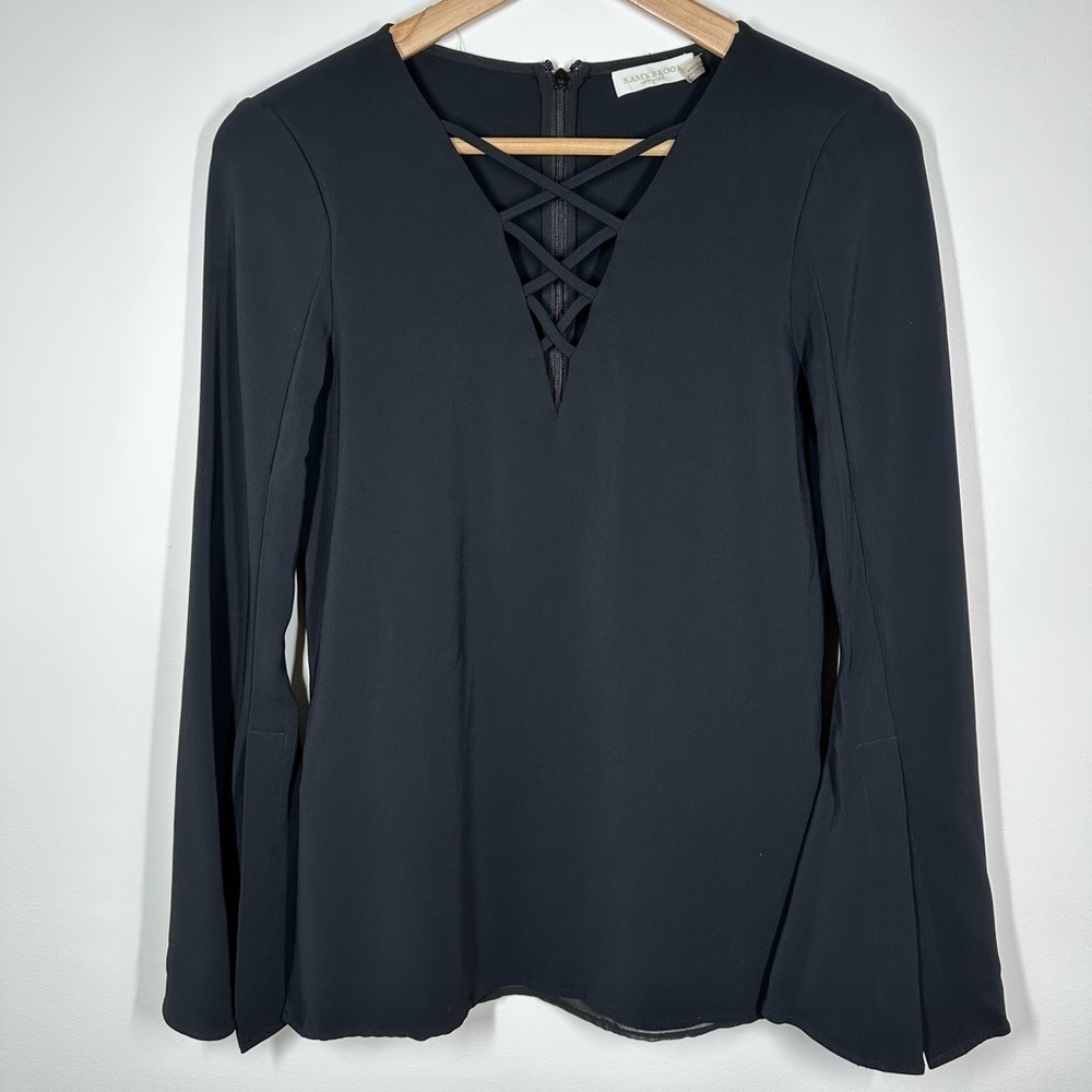 RAMY Brook‎ Black V Neck Bell Sleeve Blouse Size  2